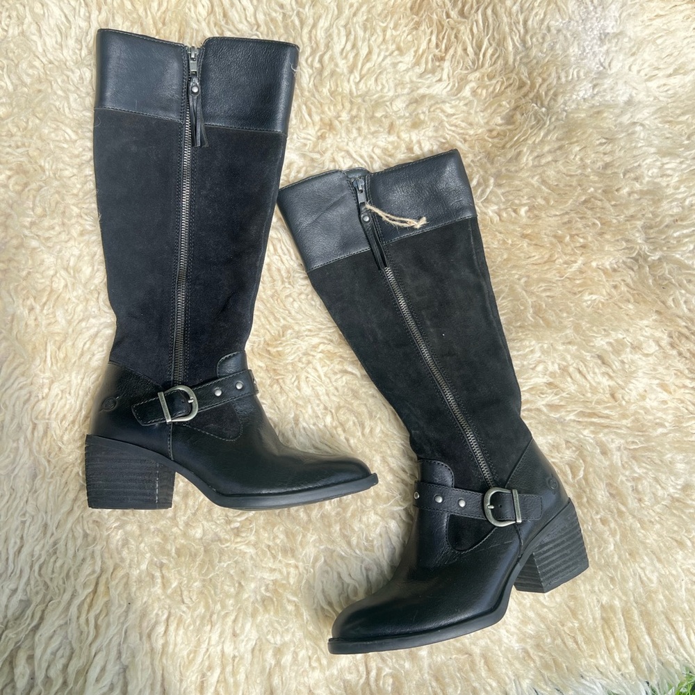 New leather knee high boots, black suede leather boots with buckle and heel